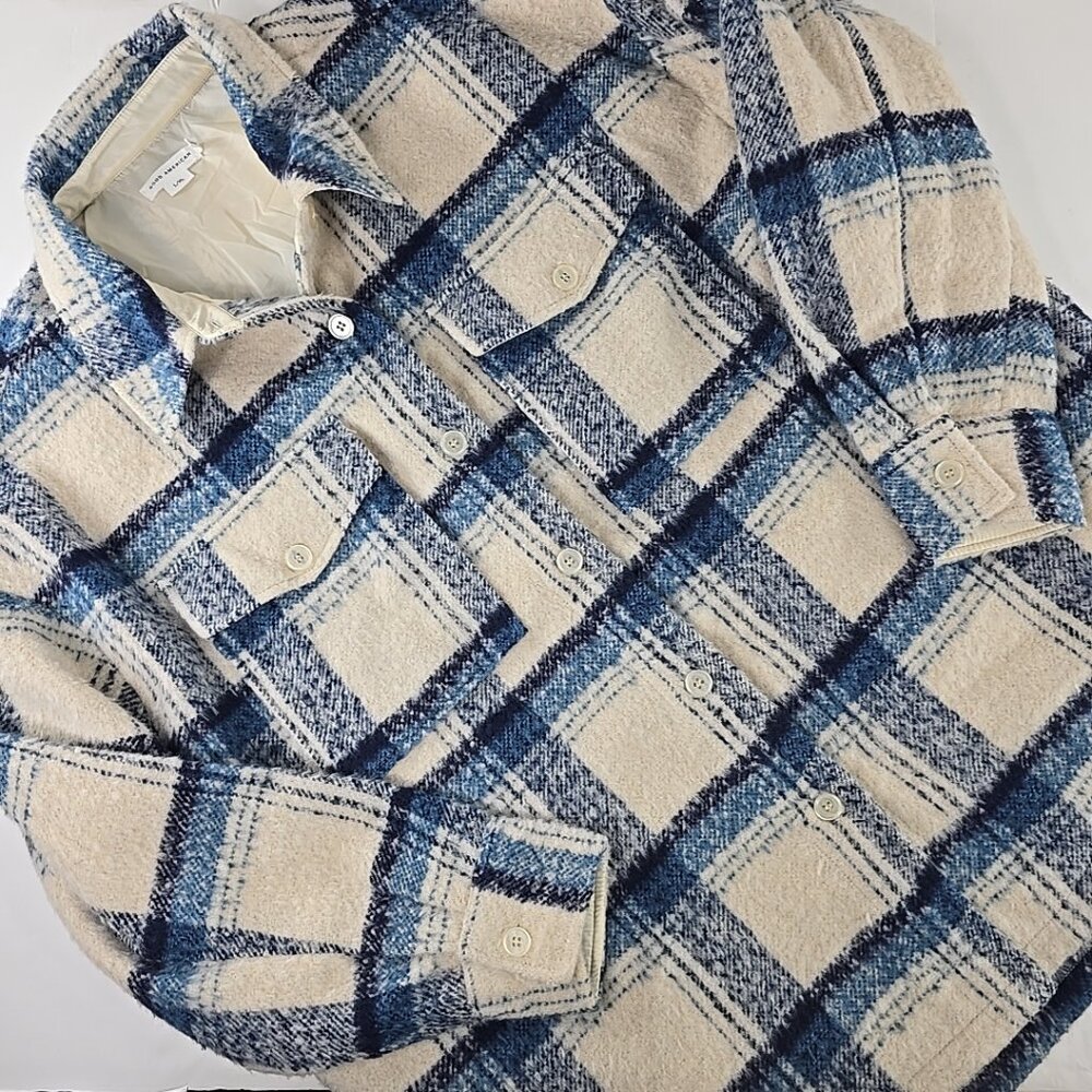 GOOD AMERICAN Plaid Sherpa Jacket Women's Size LARGE /XLARGE Cream Indigo *EUC*.
